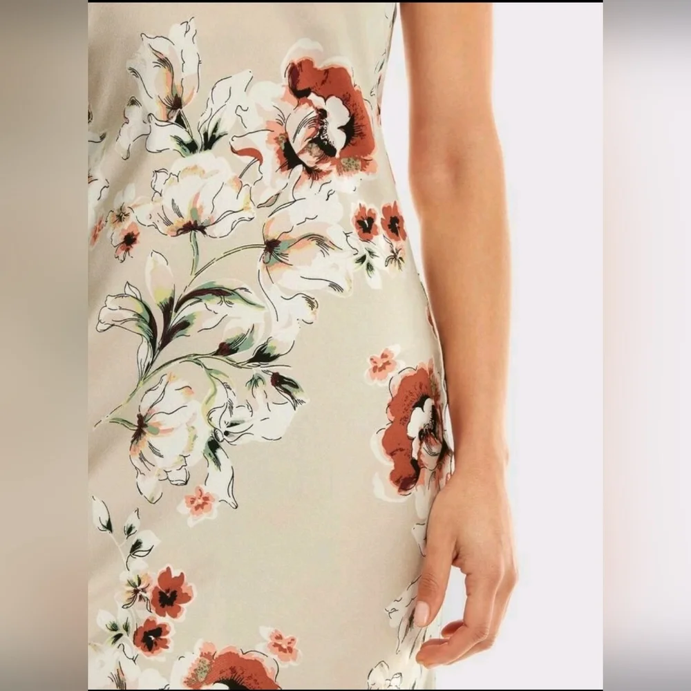 *SOLD*SHEIN Beige Floral Crisis Draped Back Cami Satin Dress - Picture 4 of 4